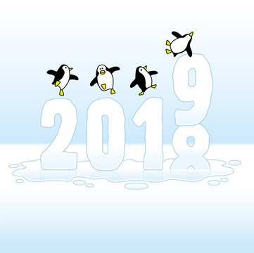 Four Dancing Penguins Celebrating on New Year 2018-2019