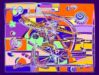 abstract  composition ,fancy curved intricate shapes ,orange purple on blue background