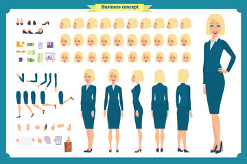 Set of Businesswoman character design.Front, side, back view animated character.Business girl character creation set with various views, poses and gestures.Cartoon style, flat vector isolated.