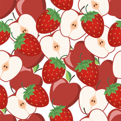 Seamless pattern of apples, halves and strawberries. Vector illustration
