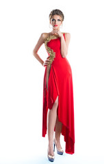 Pretty woman in a long red dress