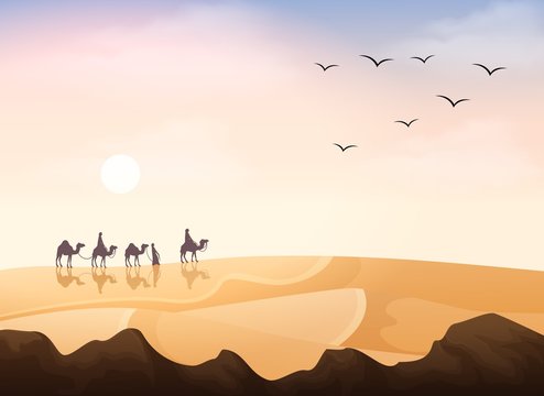 Group of Arab people riding with camels caravan in the desert