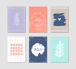 Set of 6 creative greeting cards. Hand-drawn inky patterns.