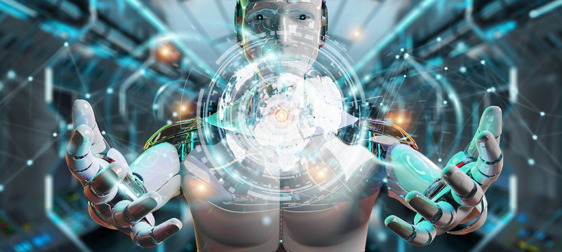 White male cyborg using digital datas interface 3D rendering