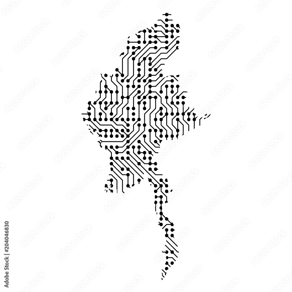 Poster abstract schematic map of myanmar from the black printed board, chip and radio component. computer e