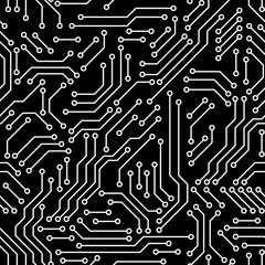 Printed circuit board black and white computer technology seamless pattern, vector