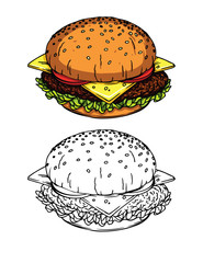 Vector colorful set cartoon and sketch style illustrations of a delisious fresh american burger with cheese, tomatoes, salad and meat