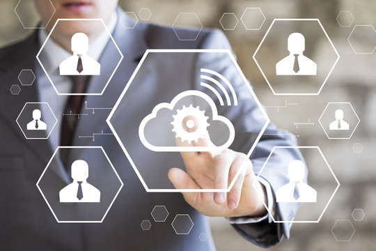 Businessman presses button cloud gear on virtual digital electronic user interface internet