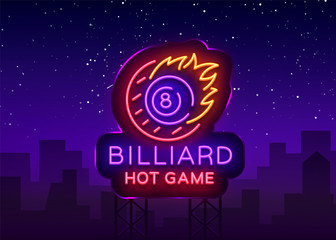 Billiards neon sign. Billiard Hot game logo in neon style, light banner, design template emblem night billiard, bright nightlife advertisement, design element for your projects. Vector. Billboard