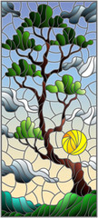 Illustration in stained glass style with green tree on sky background and sun