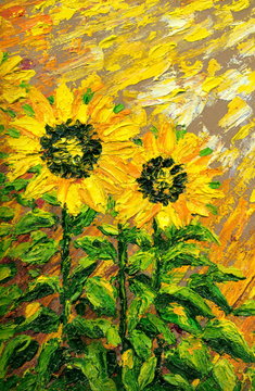 Abstract painting. Bright sunflowers on the field