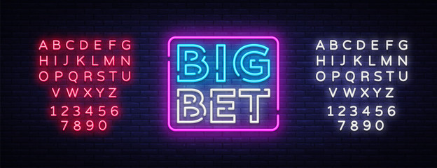 Big Bet Neon sign vector. Light banner, bright night neon sign on the topic of betting, gambling. Editing text neon sign