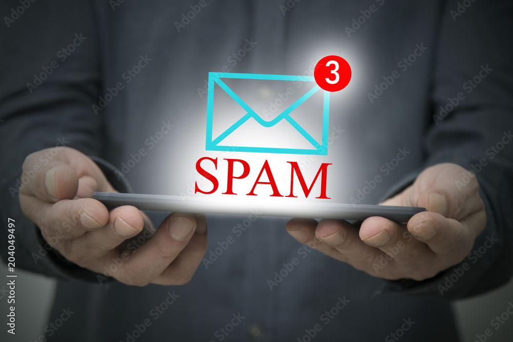 Poster hands with device and concept of spam