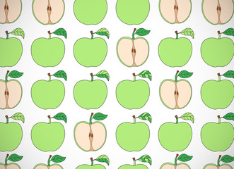 Horizontal card. Pattern with cartoon green apples.