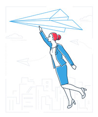 Businesswoman flying on a paper plane - line design style illustration