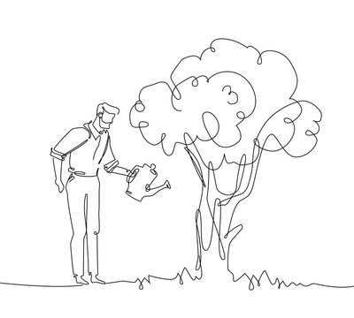 Man watering the tree - one continuous line design style illustration