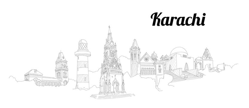 KARACHI city vector panoramic hand drawing illustration