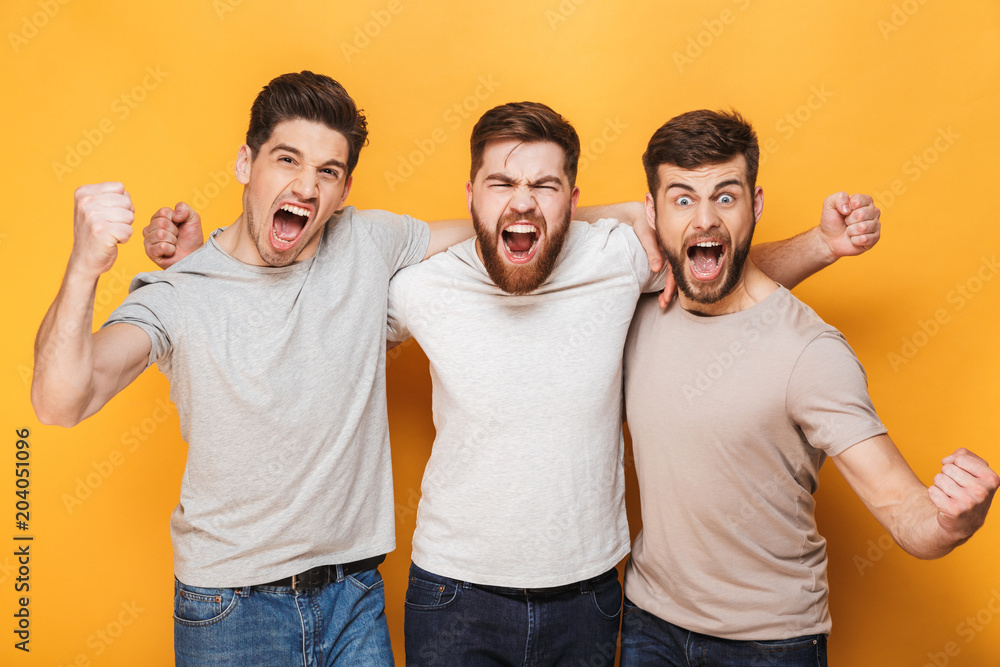 Sticker three young excited men celebrating success together