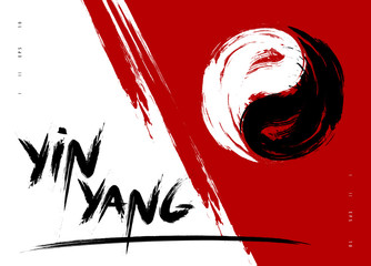 Vector watercolor brush yin yang symbol of harmony and balance. Black and white on red background illustration
