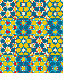 Fototapeta premium Seamless pattern tiled ornament. Floral textile print. Islamic vector design. Oriental background with abstract flowers. Hexagonal patchwork swatch. Stained glass vitrage.