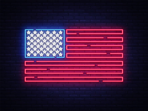 USA flag neon sign. Night bright Signboard USA flag. USA flag vector, neon symbol, light icon. Vector illustration