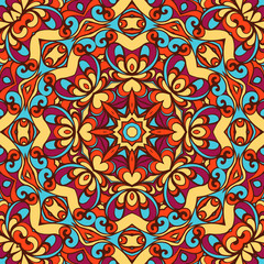 Seamless vector ornament drawn by hand. A bright pattern of yellow, blue, orange, and red swirls. Square concentric element in the style of traditional Eastern mandalas.