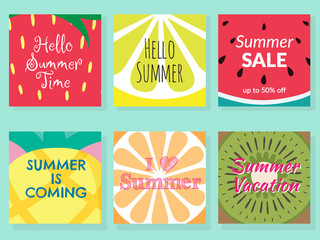 set of tropical fruit texture background. piece of strawberry, lemon, watermelon, pineapple, orange, kiwi slice with difference word about summer. fresh tropical fruits for summer vector illustration