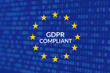 Notice slide for the European regulation on the management of private data GDPR. EU flag with the background source code of a software and claim GDPR Compliant. Compliance for GDPR slide.