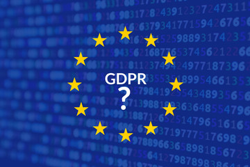 Notice slide for the European regulation on the management of private data GDPR. EU flag with the background source code of a software and claim GDPR ? Confusion about privacy GDPR in EU