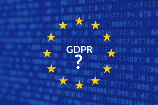 Notice slide for the European regulation on the management of private data GDPR. EU flag with the background source code of a software and claim GDPR ? Confusion about privacy GDPR in EU