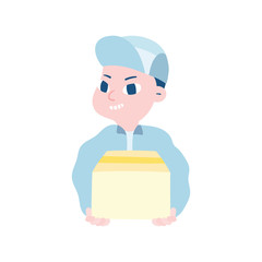 Hand drawn vector illustration of delivery man portrait hold box.
Boy service workers in blue uniform.
