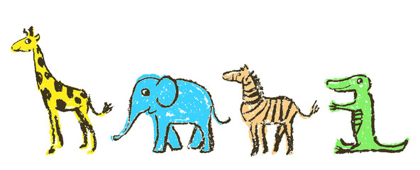 Crayon like kid`s hand drawn wild animals set. Giraffe, elephant, zebra and crocodile isolated on white. Child`s drawn artistic stroke colorful pastel chalk or pencil vector art. Childlike funny style © larisa_zorina