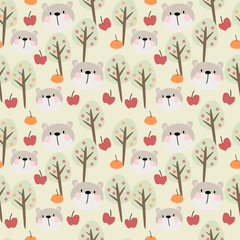 Materiał do szycia Funny bear face in the forest seamless pattern vector.
