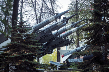Defense forces weapon. antiaircraft missles rockets with warhead aimed to the sky. Weapons of mass...