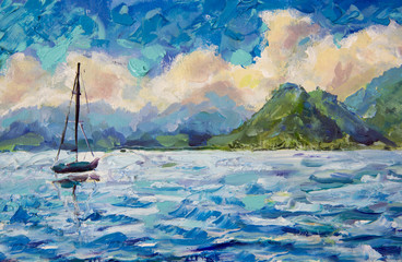 Fototapeta na wymiar painting seascape landscape Boat, yacht, sailboat in blue turquoise water lake of ocean river against a background of beautiful green mountains. Warm fluffy clouds and blue sky. Oil painting artwork