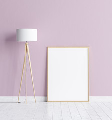 Mock up poster frame in interior background with pink wall,white wooden floor and floor lamp, 3d render - obrazy, fototapety, plakaty