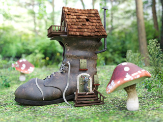 3D rendering of a cartoon mouse at a fairytale shoe house.