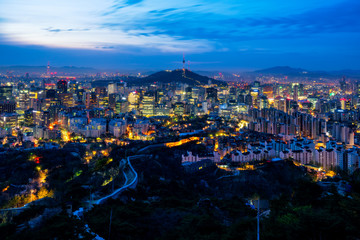 Sunrise scene of Seoul downtown city skyline