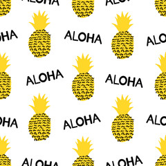 Seamless pattern with creative pineapple and word Aloha. © Yana Zahoruiko