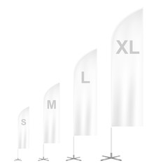 Vector blank outdoor feather advertising waving flag banner sorted by size - S, M, L and XL isolated on white background
