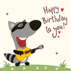 Funny raccoon with guitar sings song happy birthday to you. Greeting card. - 204057047