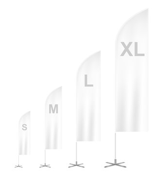 Vector blank outdoor feather advertising waving flag banner sorted by size - S, M, L and XL isolated on white background