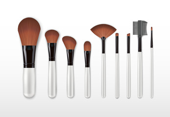 Set of vector realistic professional cosmetic makeup brushes with light handles isolated on white Background. Concealer powder blush eye shadow brow brown brushes