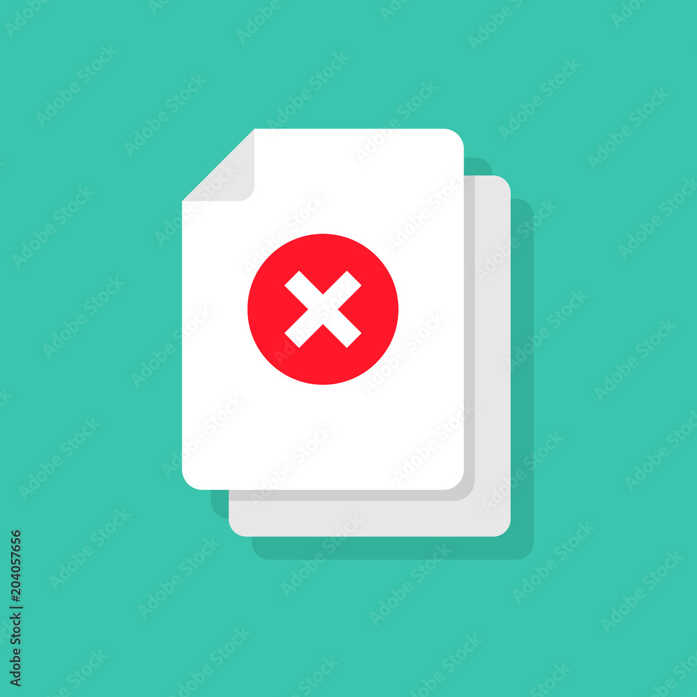 Poster document and cross vector icon concept or incorrect form or rejection symbol. flat cartoon paper doc