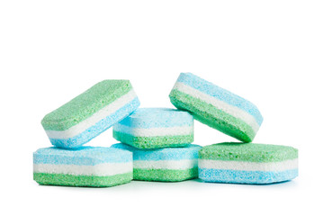 Dishwasher tablets on a white background