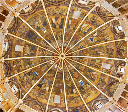 PARMA, ITALY - APRIL 16, 2018: The cupola with the frescoes  in byzantine iconic style in Baptistery probably by  Grisopolo from 13. cent.