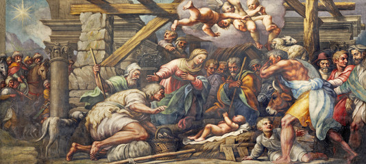 PARMA, ITALY - APRIL 16, 2018: The fresco of Nativity (Adoration of the Shepherds) in Duomo by...