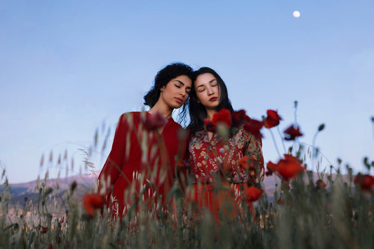 Beautiful models in red in field