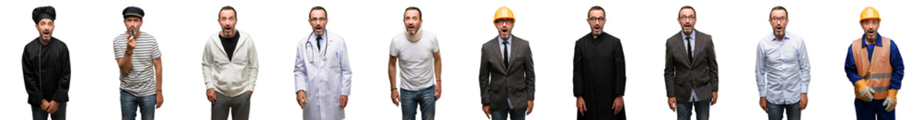 Senior man, different professionals scared in shock, expressing panic and fear