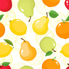 Vector pattern with pears, apples, oranges, lemons isolated on white.